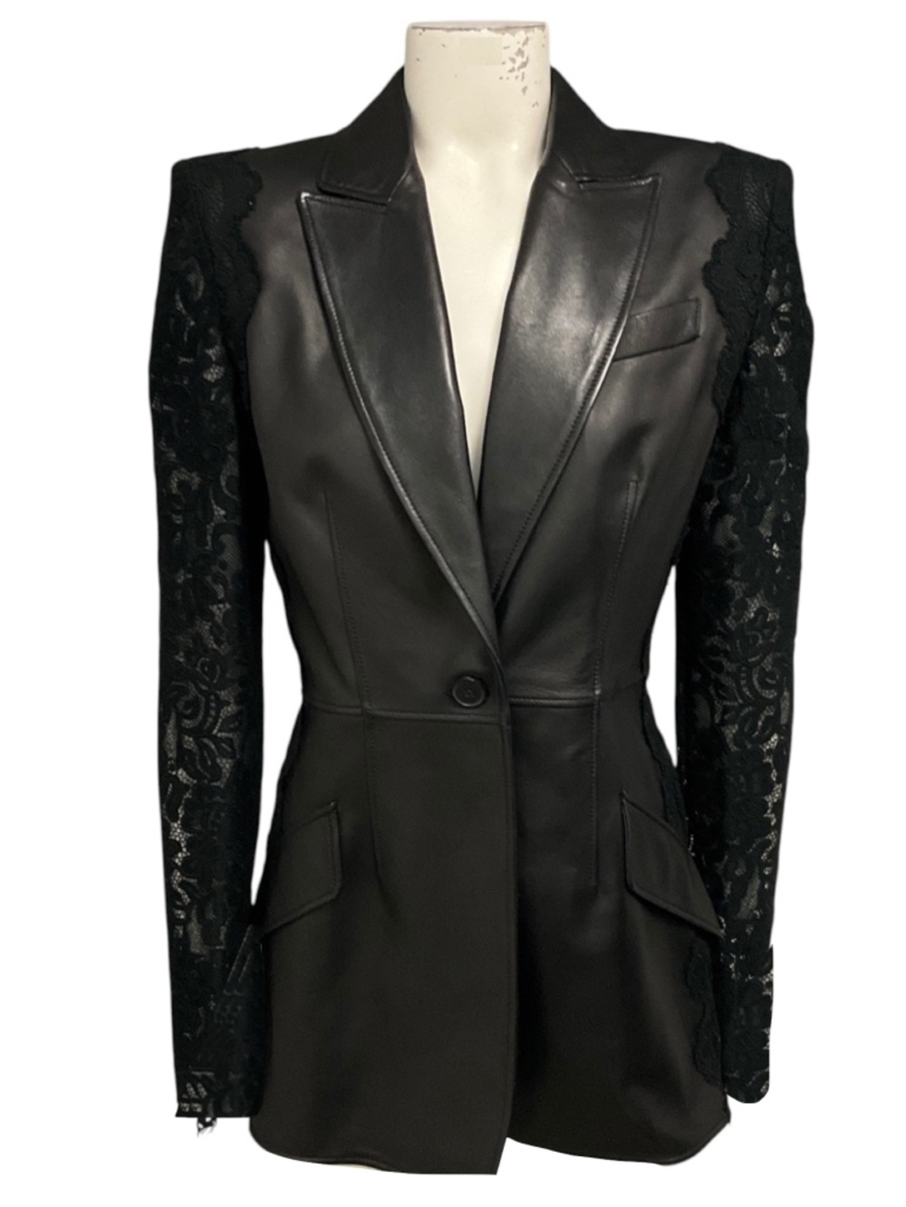 ALEXANDER MCQUEEN BLACK LACE TRIMMED LAMB LEATHER BLAZER